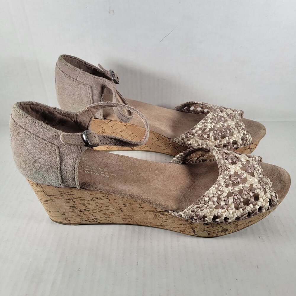Toms Woman Stucco Satin Woven Peep Toe Platform Cork 2.5" Wedge Shoes Size 9.5